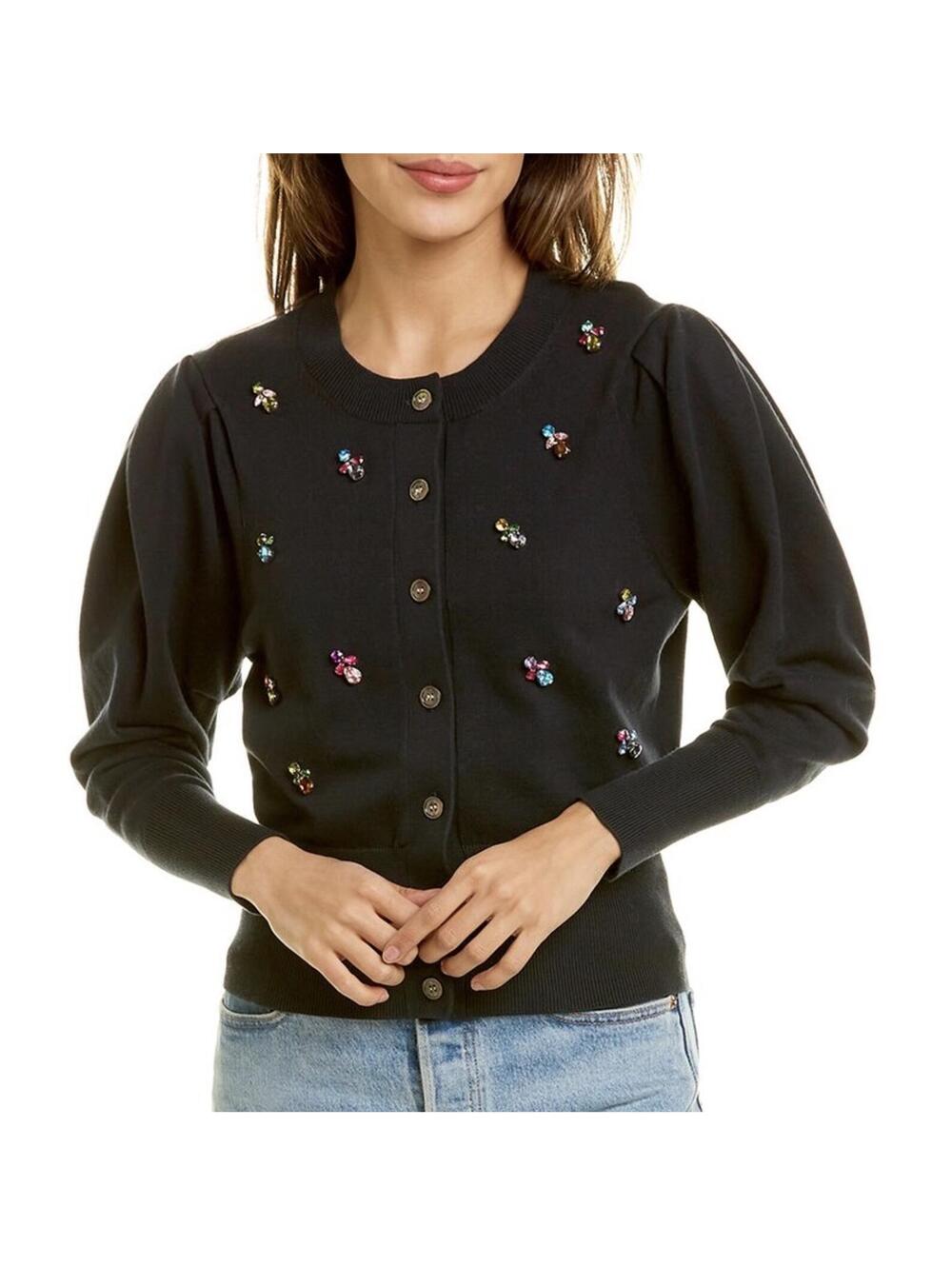 Cinq a Sept Cece Embellished Cardigan Sweater Dark Navy Black Small Rhinestone